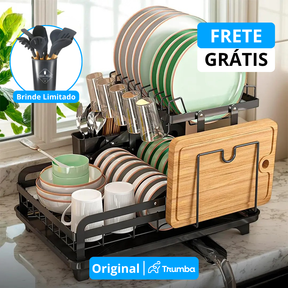 Escorredor de Aço Inox Multifuncional + BRINDE: Kit de Utensílios de Cozinha