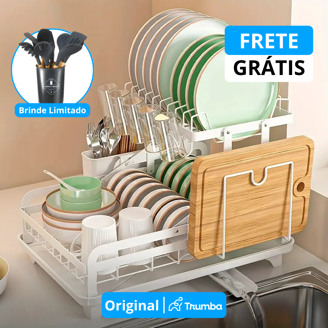 Escorredor de Aço Inox Multifuncional + BRINDE: Kit de Utensílios de Cozinha