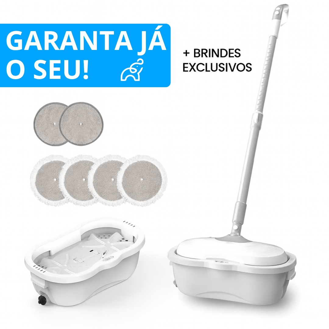 Mop Elétrico + BRINDES: Módulos de Limpeza e Tanque Suporte (QUEIMA DE ESTOQUE)